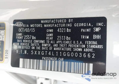 2016 Kia Optima Lx Turbo from USA, damaged, VIN 5XXGT4L11GG003662